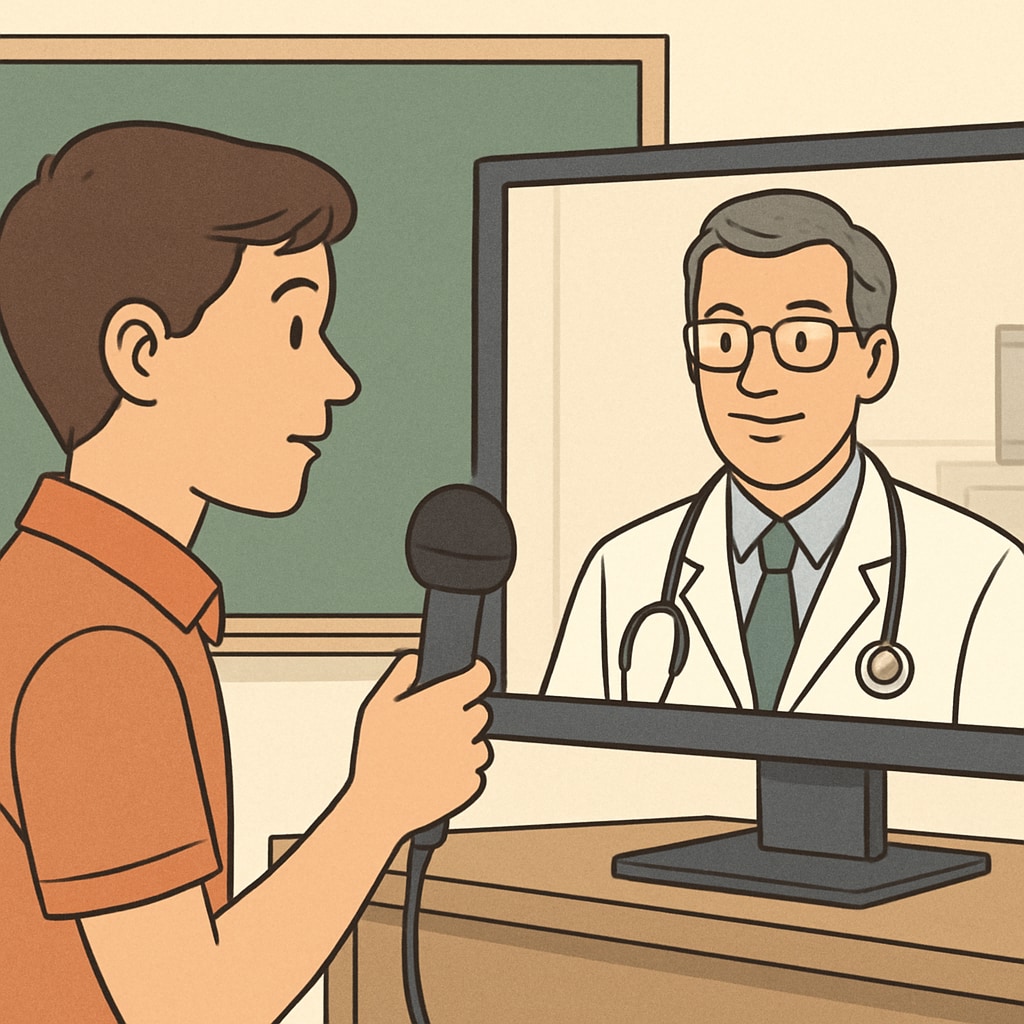 A student holding a microphone during a virtual interview with a healthcare professional, showcasing modern educational methods. A student conducting a virtual interview with a healthcare professional as part of a medical career exploration project.