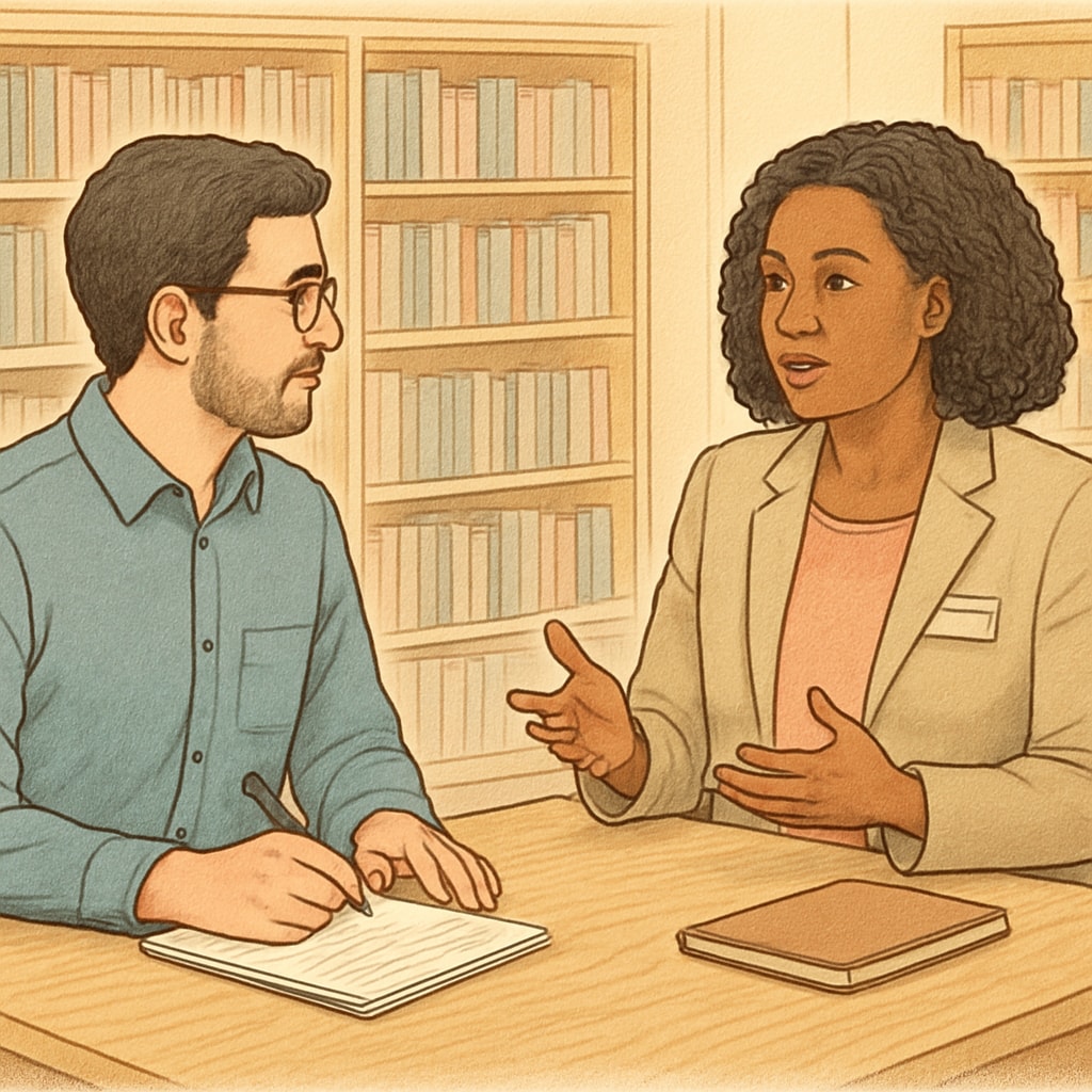 A graduate student conducting an interview with a school counselor in a school library, representing collaboration between research and practice. Graduate student interviewing a school counselor in a library, exemplifying research collaboration.