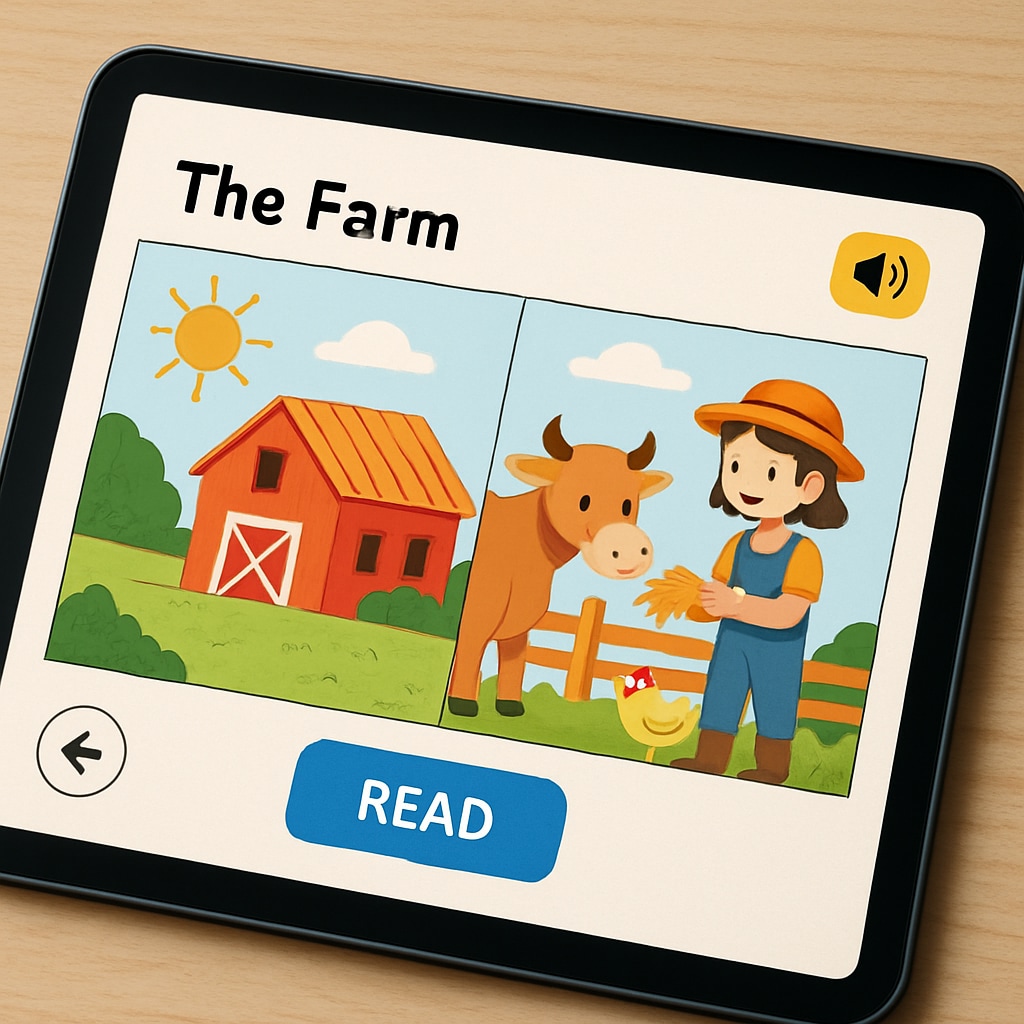 Close-up of a tablet displaying an interactive children’s storybook, showcasing the app's features. Tablet displaying an interactive children’s storybook