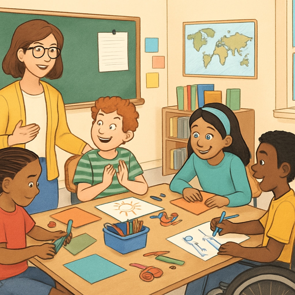 A classroom setting with diverse students, including one with ADHD, engaging in creative group work. ADHD student participating in group activities within a gifted education setting.