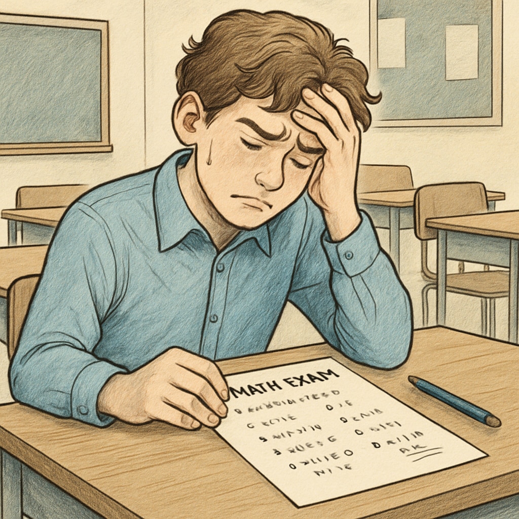 A high school student sitting at a desk, looking overwhelmed by a math exam. The image represents the stress of multiple-choice questions during math tests. A student experiencing math anxiety during a multiple-choice exam