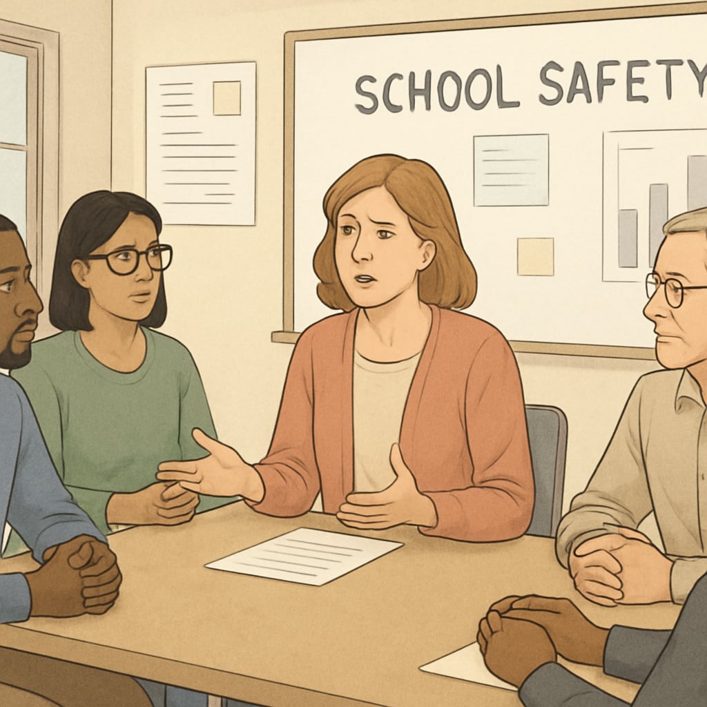 A concerned parent discussing school safety with community members during a meeting. Parent discussing school safety related to child abuse concerns.