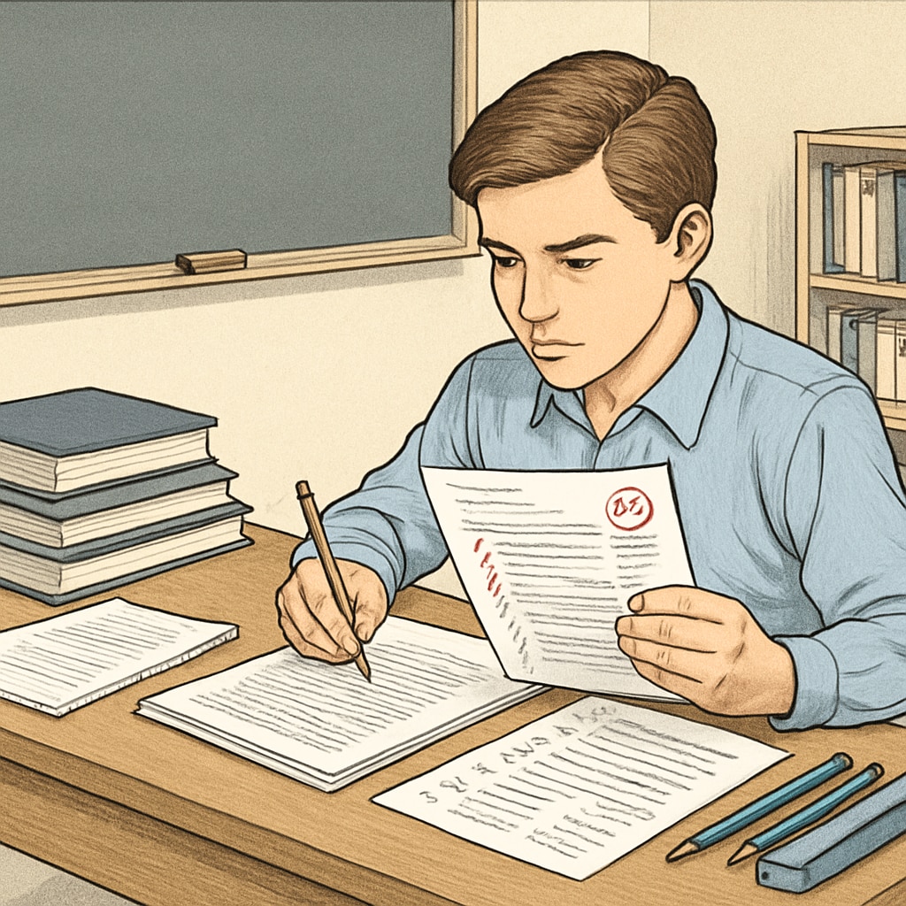 Student preparing for U.S. master's application with documents and test results.