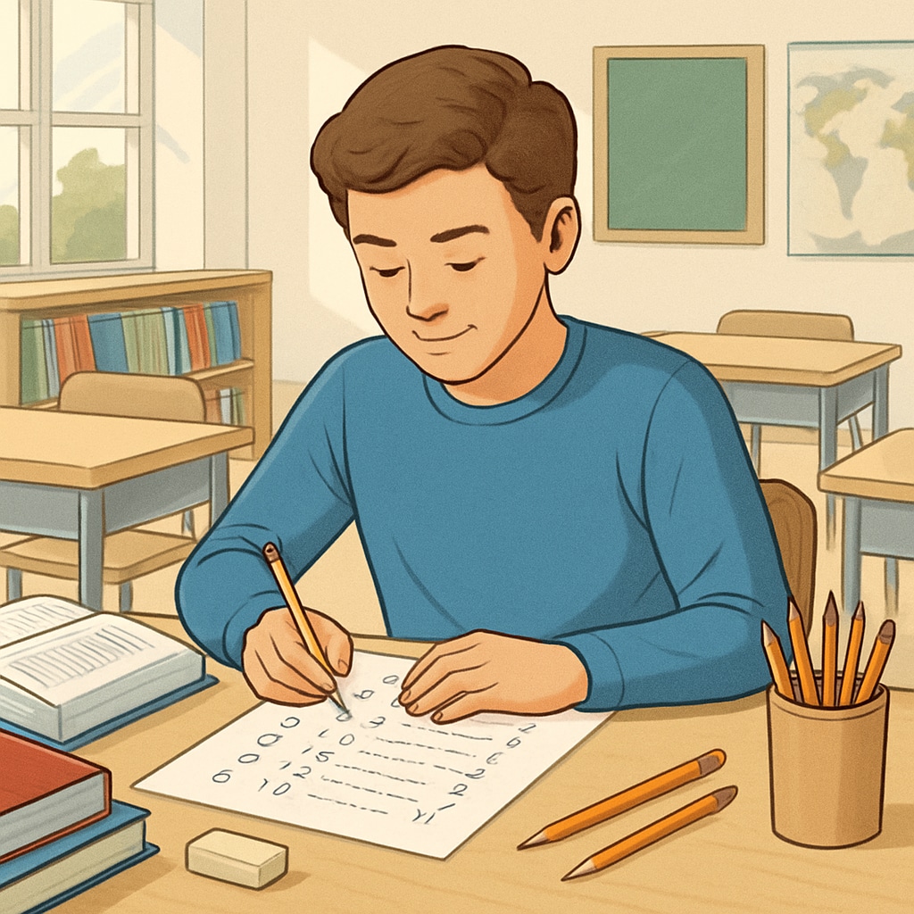 A student confidently working through a multiple-choice math exam in a bright classroom setting. The image highlights the transition from anxiety to confidence after applying strategies. A student mastering multiple-choice math questions with confidence