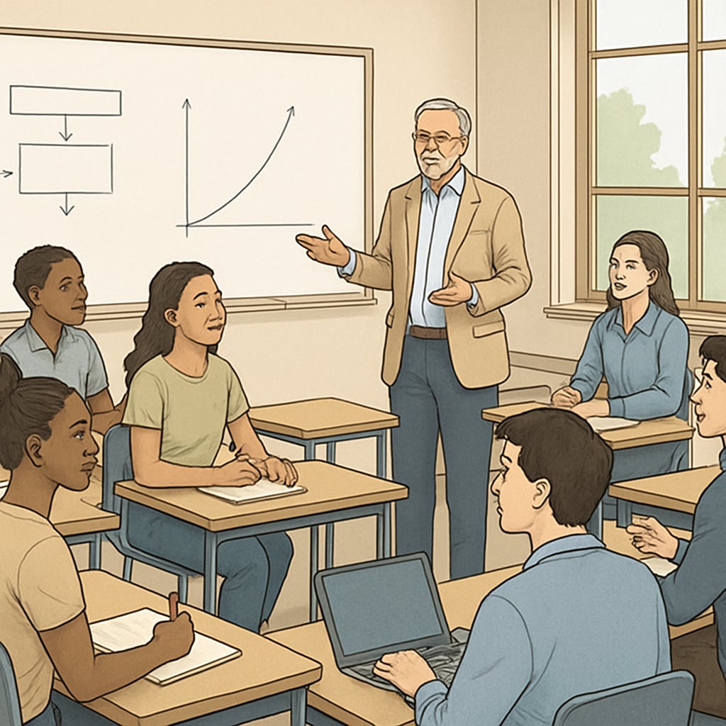 Classroom in U.S. university with students interacting with professor.