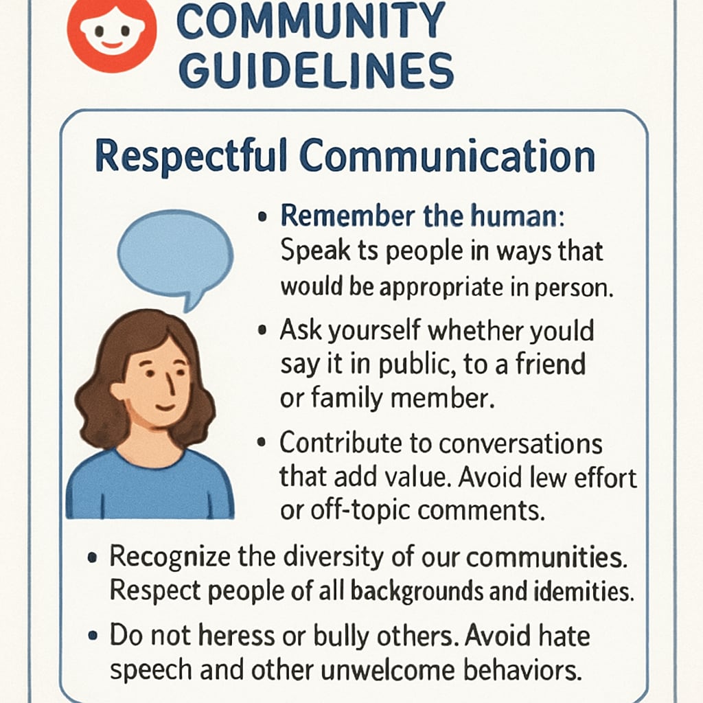 A screenshot of Reddit's community guidelines page with an emphasis on rules for respectful communication. Reddit community guidelines for respectful communication and community rules.