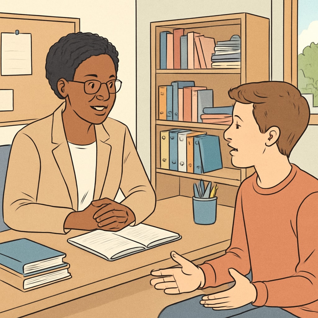 A professional counselor sitting in a school office, engaging in conversation with a student. School counselor discussing with a student in a school setting.