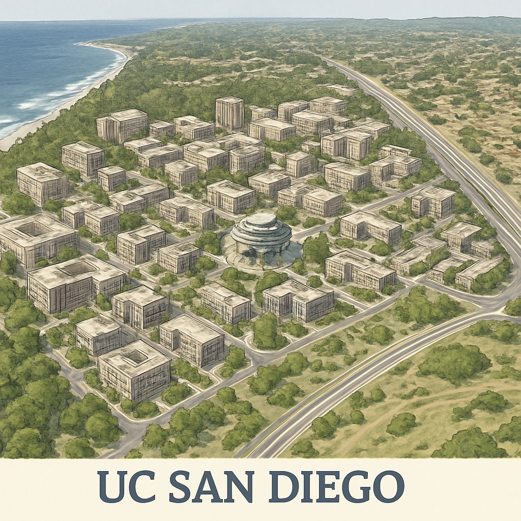 An aerial view of UC San Diego's campus, highlighting its facilities and growth potential. UC San Diego campus expansion plan facilities