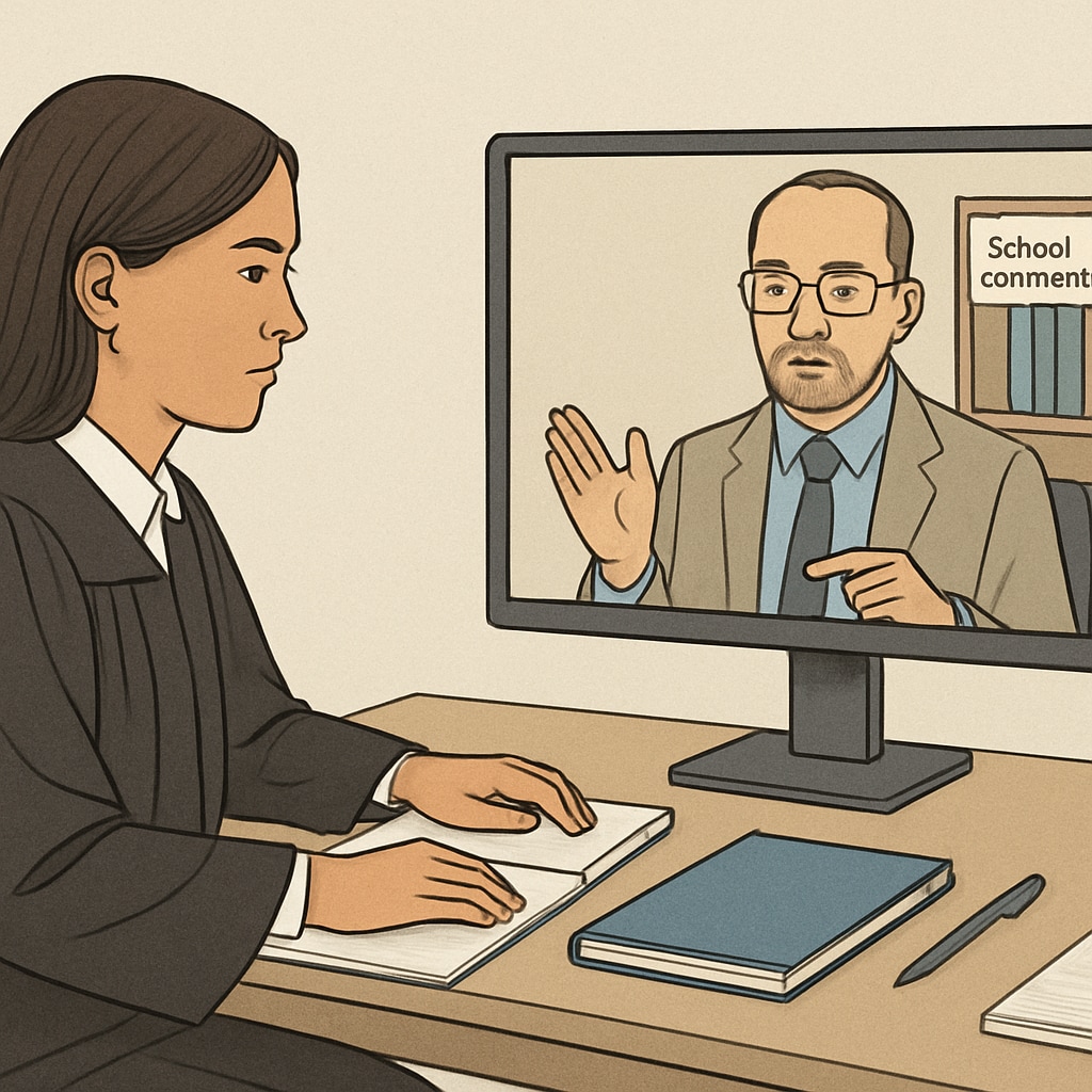 A graduate student conducting a virtual interview with a school counselor, both appearing engaged and focused. Graduate student interviewing a school counselor via video call.