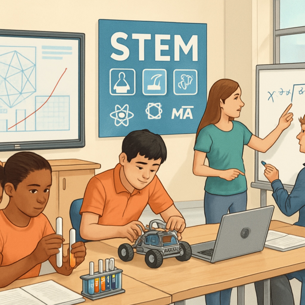 Students engaging in STEM activities in a modern classroom environment, representing K12 education adapting to higher education demands. K12 students participating in STEM activities for college readiness