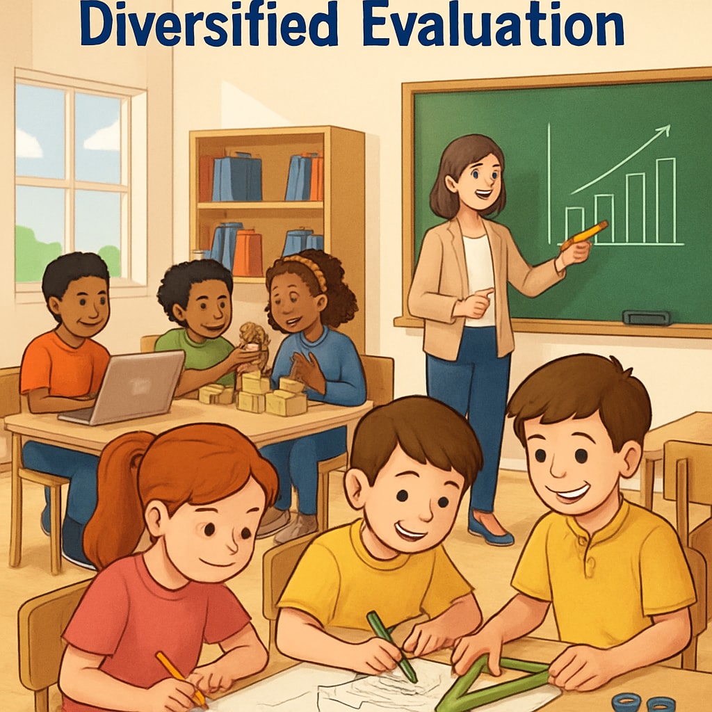 An educational setting featuring students engaged in project-based learning, highlighting the concept of diversified evaluation. Students participating in project-based learning, illustrating diversified evaluation methods.