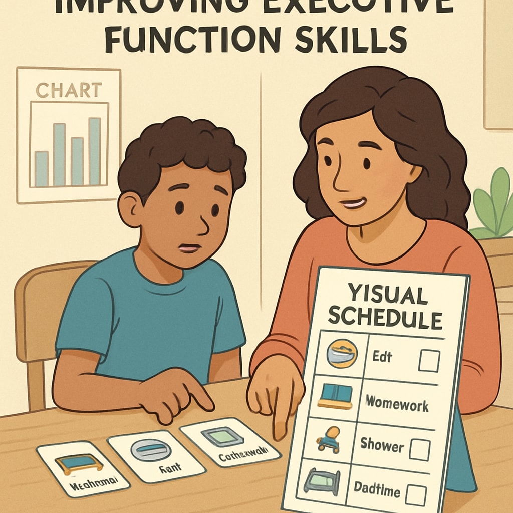 A child with ADHD working on a visual schedule with their parent, emphasizing strategies to improve executive function skills. ADHD child practicing executive function with parent guidance.
