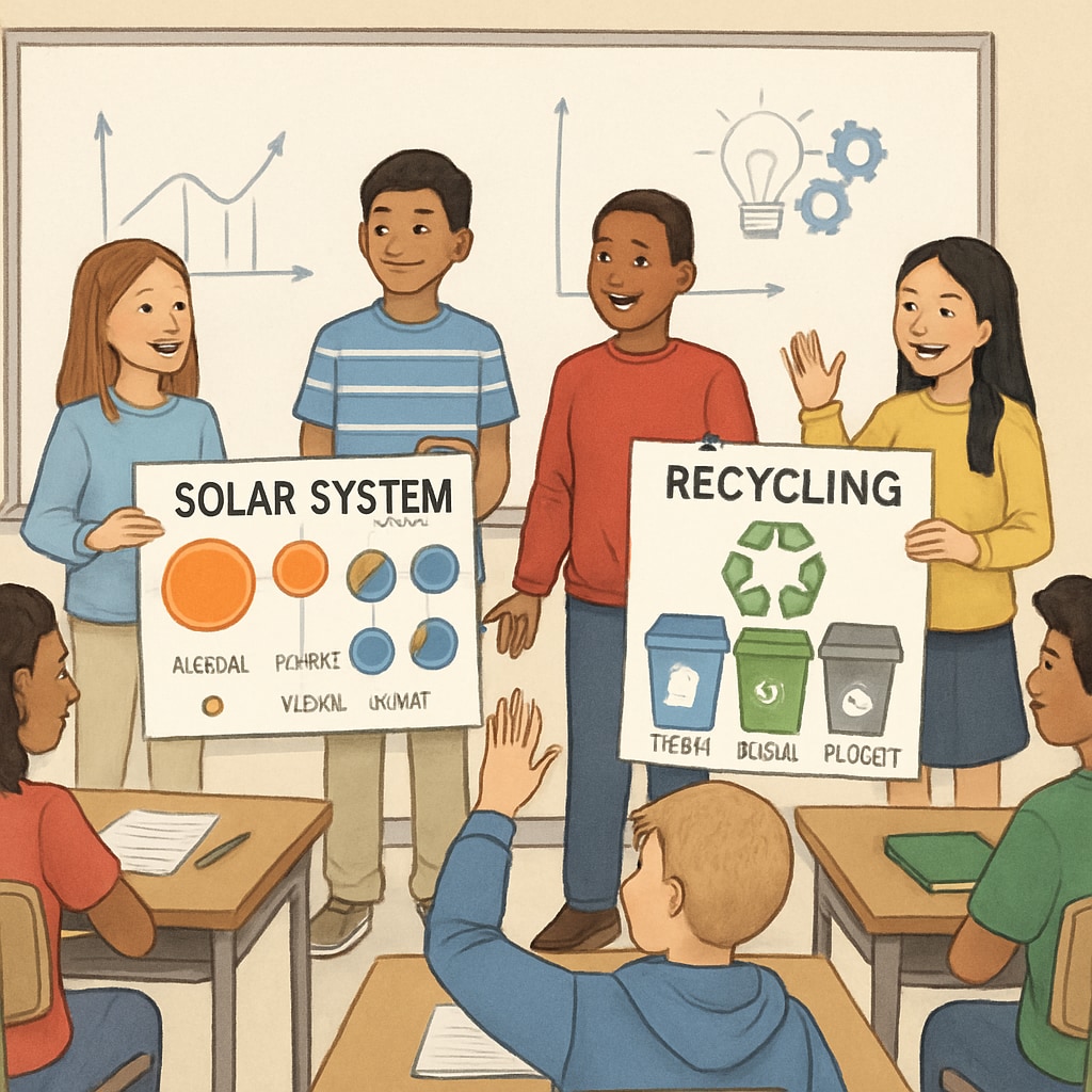 A classroom with students presenting group projects, demonstrating collaborative and project-based evaluation methods. Students presenting group projects that showcase collaborative and project-based evaluation.