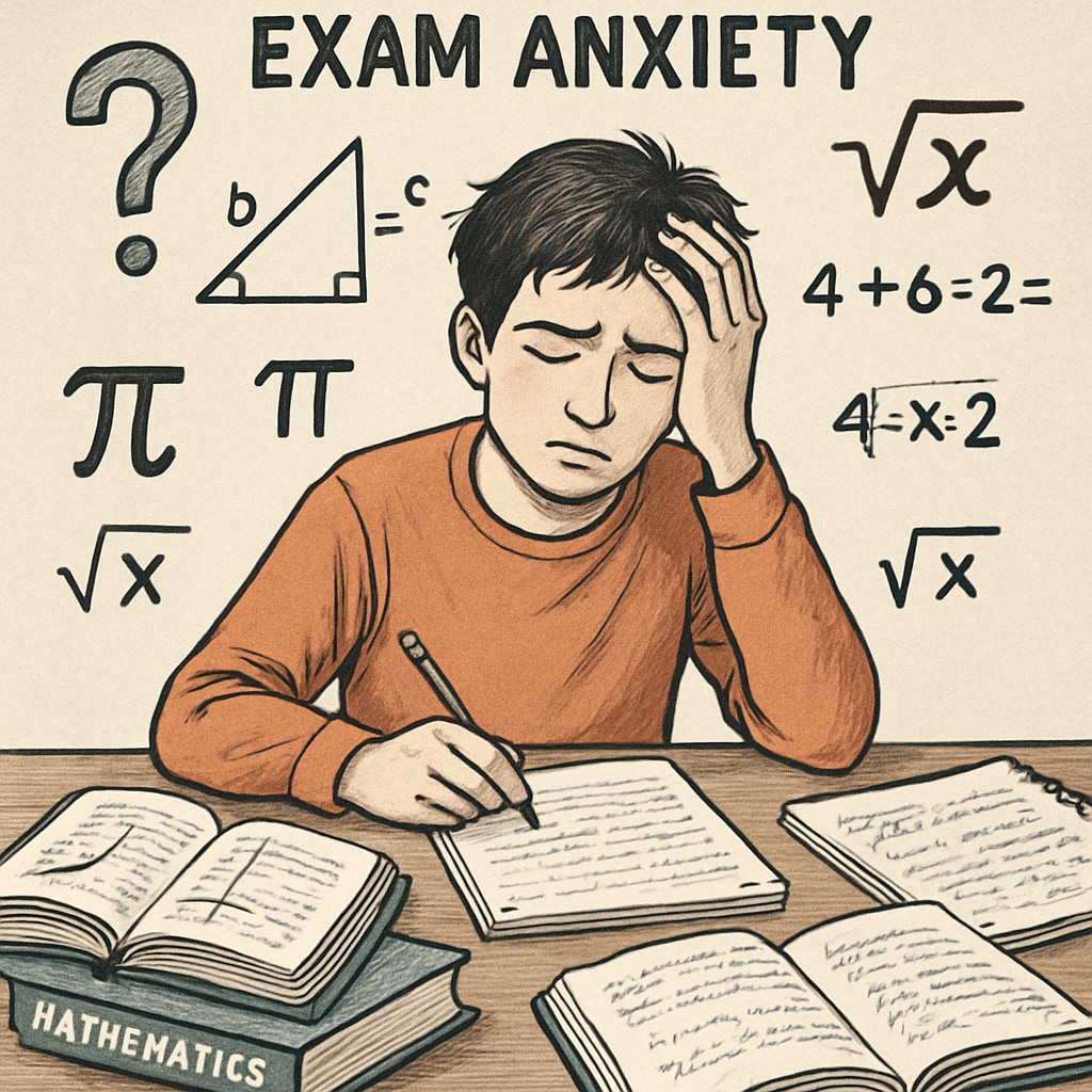A stressed student sitting at a desk with math-related materials, emphasizing exam anxiety challenges. A student experiencing math exam anxiety, surrounded by study materials.