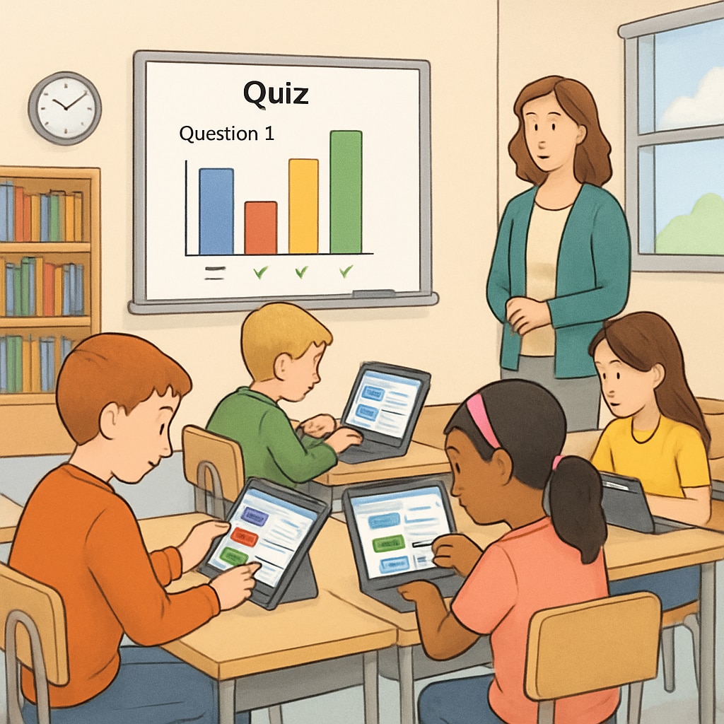 A classroom scene where students are actively participating in a digital quiz on tablets or laptops. Students using quiz resources in a classroom setting.