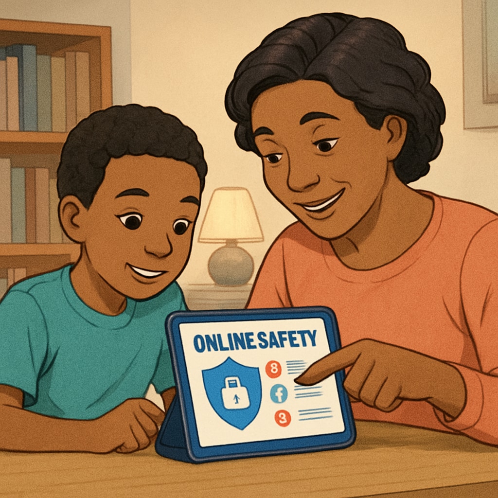 A parent teaching their child about online safety using an educational game on a tablet, showcasing strategies discussed at the summit. Parent-child interaction on online safety and executive function tools.