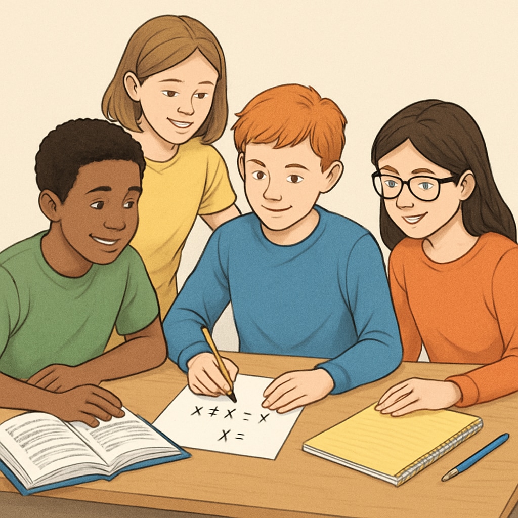 A group of students collaboratively solving math problems, showcasing teamwork and support. Students working together on math problems to overcome challenges.