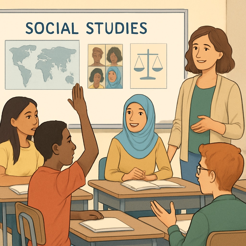 A classroom where students are engaged in social studies discussions, focusing on diverse perspectives in society. Students in a social studies classroom discussing class systems and social mobility.