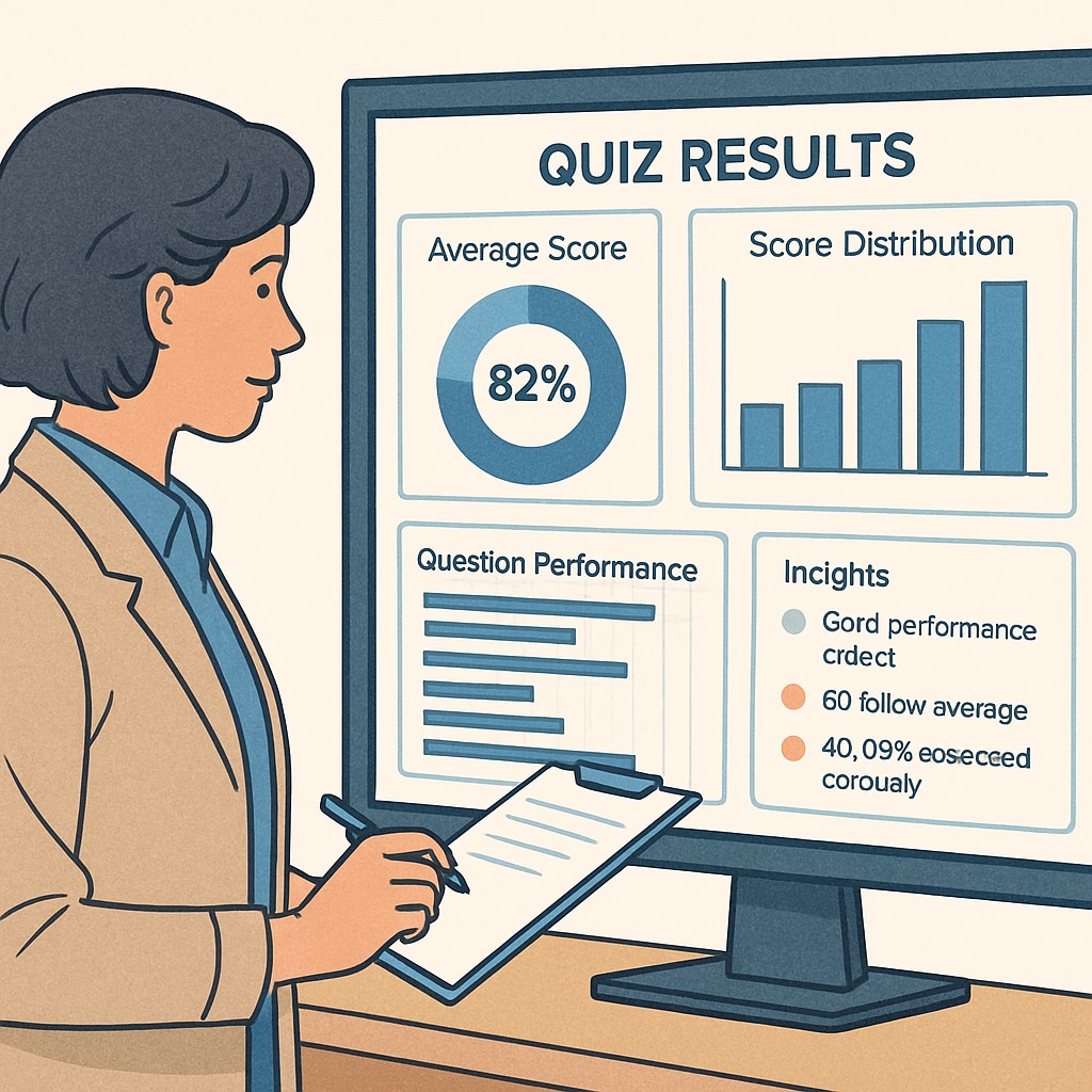 A teacher analyzing quiz results on a digital dashboard, showcasing data analytics and performance insights. Teacher reviewing data from quiz resources to improve teaching strategies.