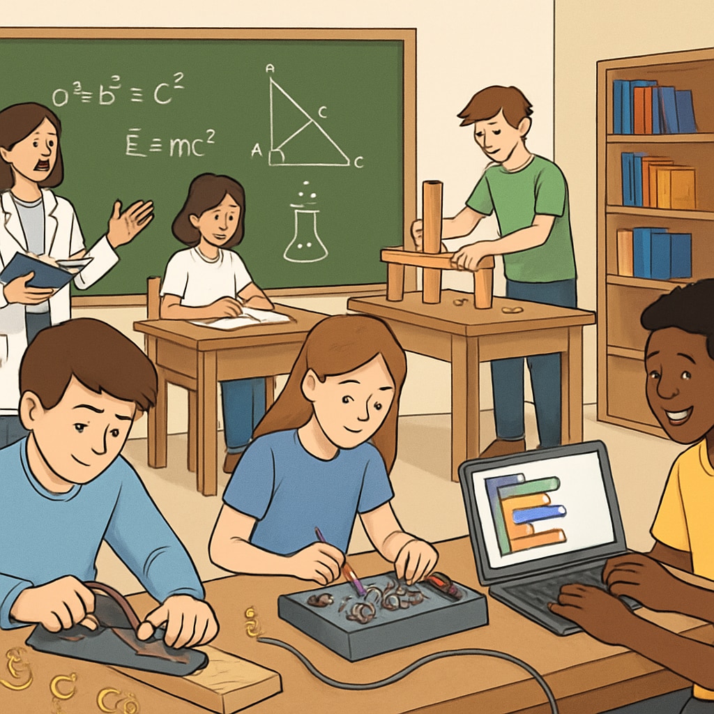 A classroom showing students learning hands-on vocational skills alongside traditional studies, such as programming and mathematics. Students practicing vocational skills while applying academic knowledge in a classroom setting.