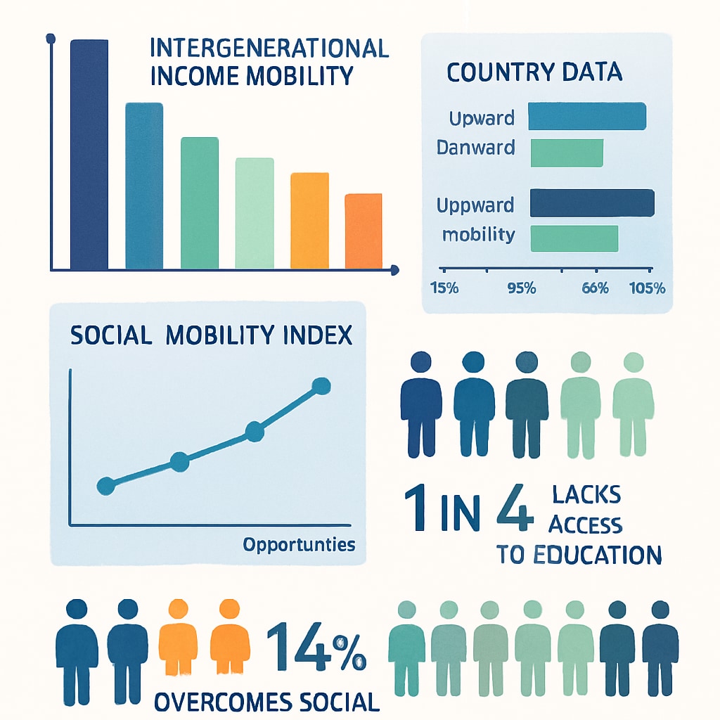An infographic that visually represents social mobility statistics across different countries, emphasizing barriers and opportunities. Social mobility statistics infographic showcasing global challenges and progress.