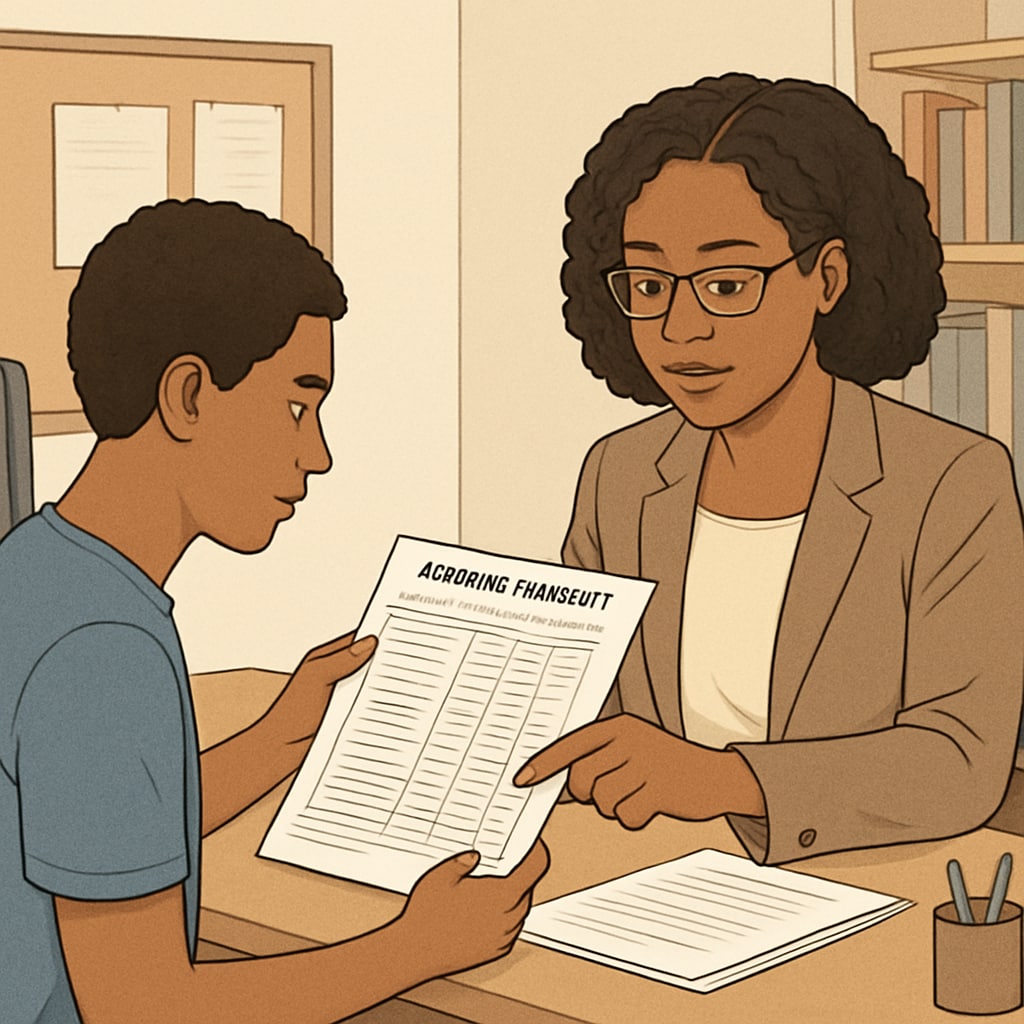 A student reviewing their academic transcript with a counselor to identify credit deficiencies. The image is focused on the interaction between the student and the counselor at a desk in a school office. Student discussing high school credit deficiency with counselor.