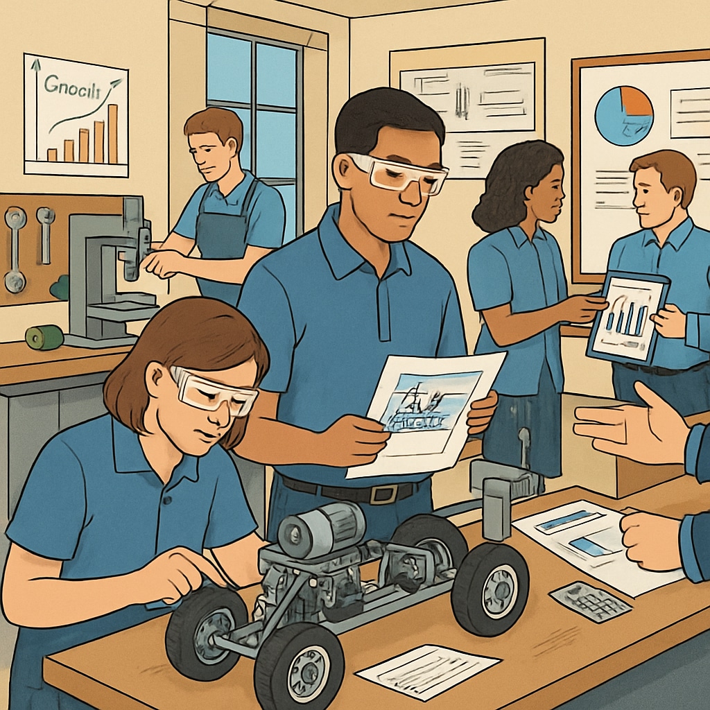 A vocational school workshop featuring students working collaboratively on an interdisciplinary project, combining engineering concepts with business planning. Students working on an interdisciplinary vocational project combining technical and academic elements.