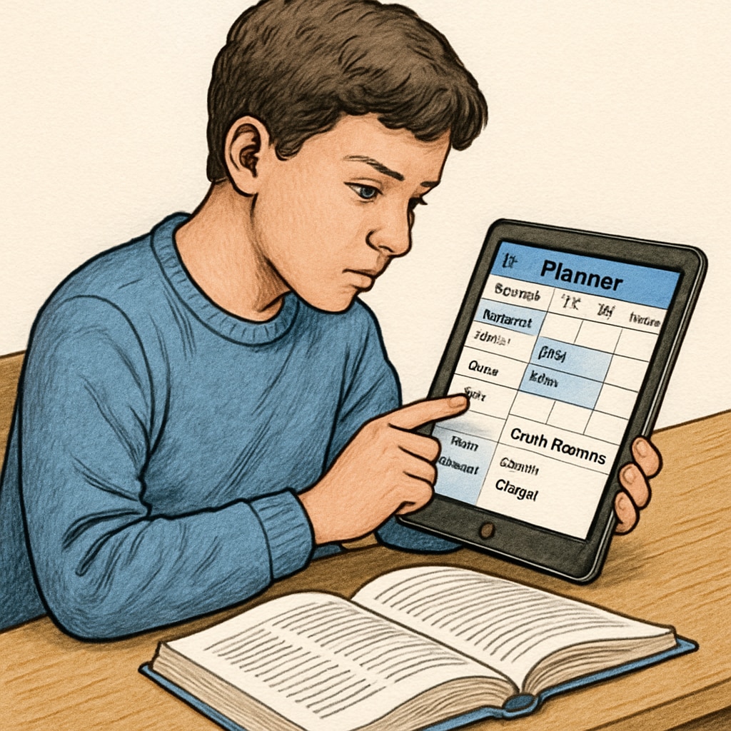 A student using a planner app on their tablet to organize their study schedule and credit recovery tasks. The image shows the student’s focused expression and the planner interface. High school student managing study schedule for credit recovery.