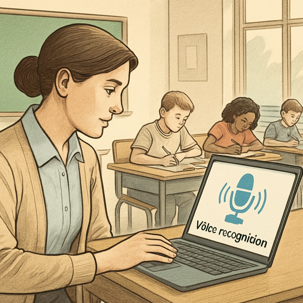 A teacher using a voice recognition app on a laptop in a classroom setting. The teacher appears focused, with students working in the background, highlighting the practical use of the technology.