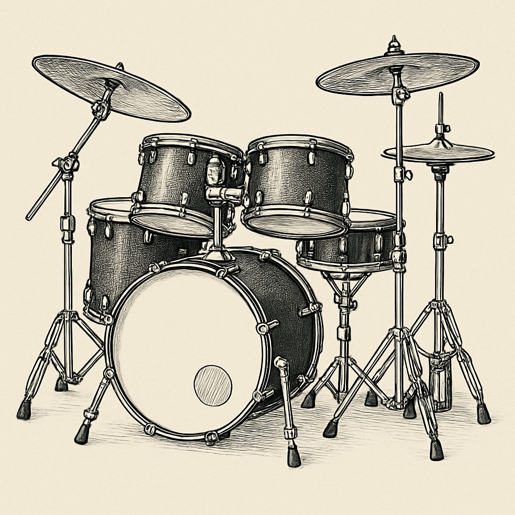 A drum kit representing the discipline and intensity of musical training. Drum kit symbolizing the challenges of extreme education methods.