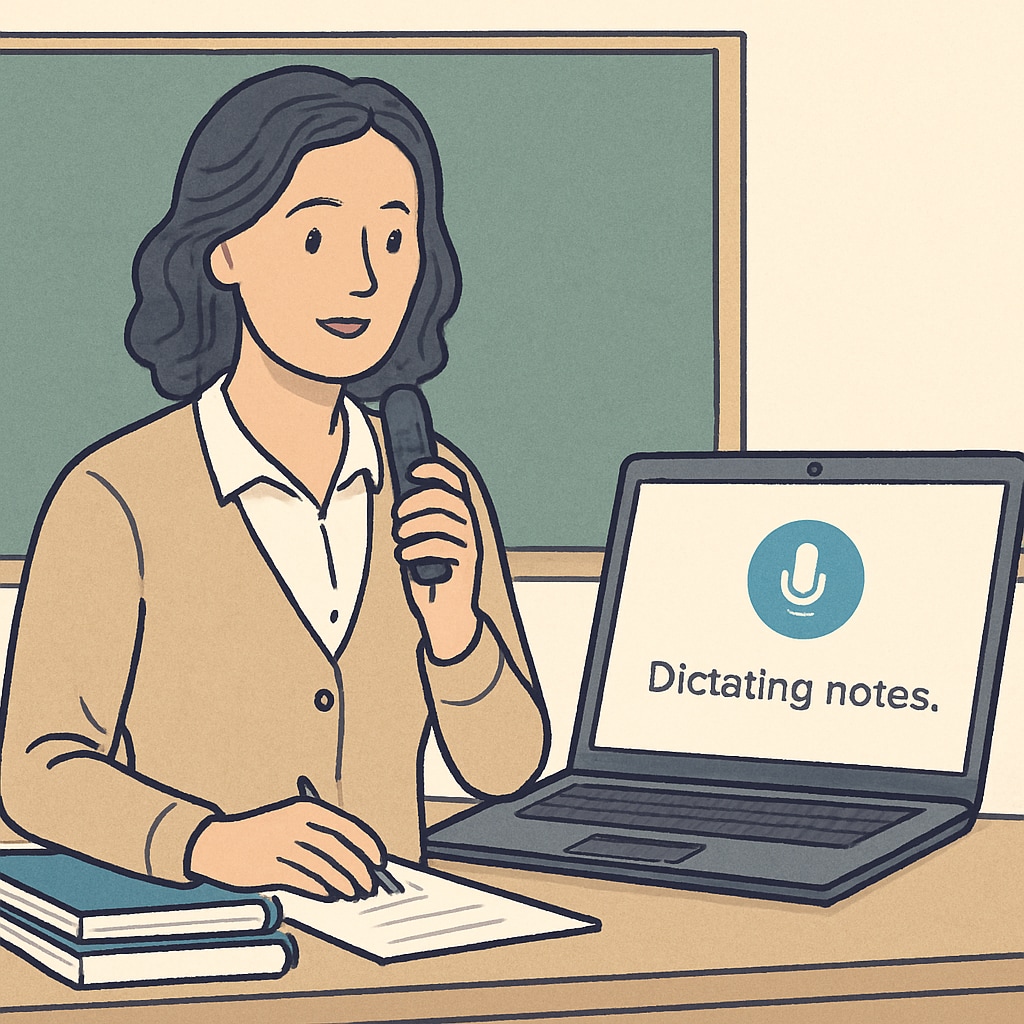 A teacher dictating notes using a voice recognition tool, with a visible screen showing real-time transcription. This emphasizes the ease and efficiency of using speech-to-text features.