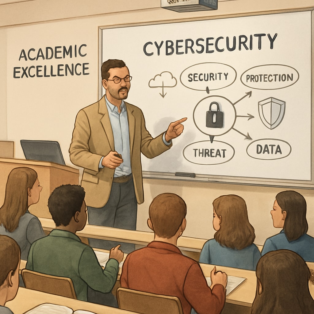 A lecture hall filled with students and a professor discussing cybersecurity concepts, highlighting the importance of academic excellence in cybersecurity education. Students attending a cybersecurity lecture at a prestigious university.