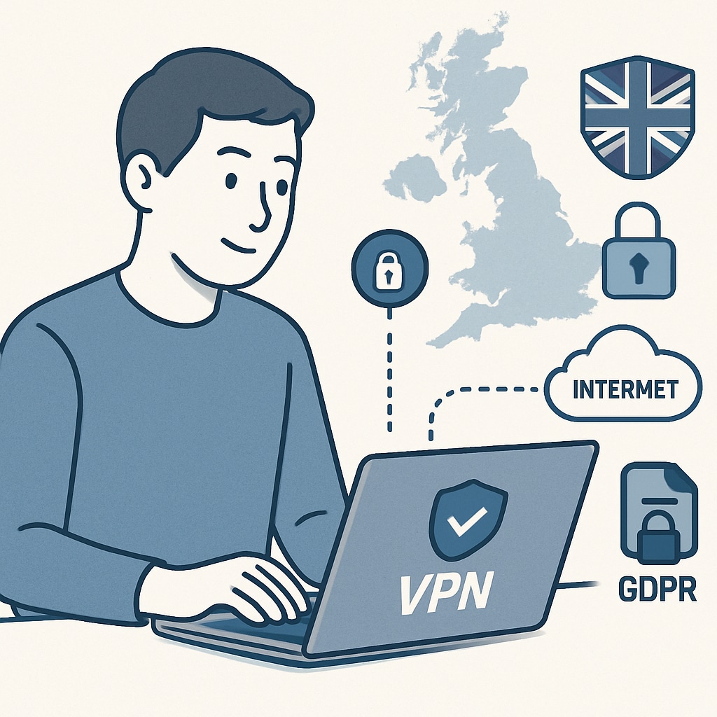 A person accessing the internet through a VPN, illustrating privacy protection in the context of UK regulations. A person using a VPN for privacy under UK age verification laws.