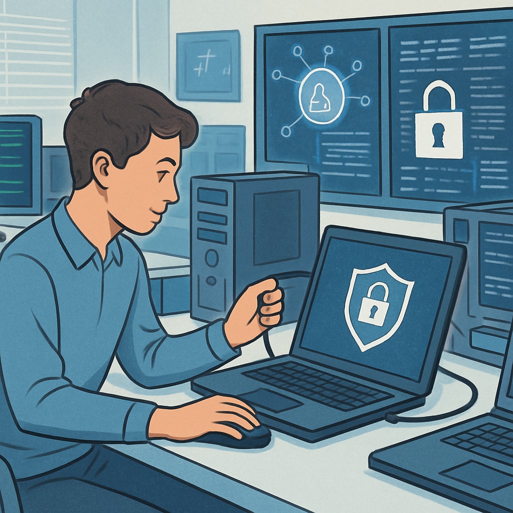 A student working on a cybersecurity project in an advanced computer lab, showcasing hands-on training opportunities vital for career readiness. Student practicing cybersecurity skills in a state-of-the-art computer lab.