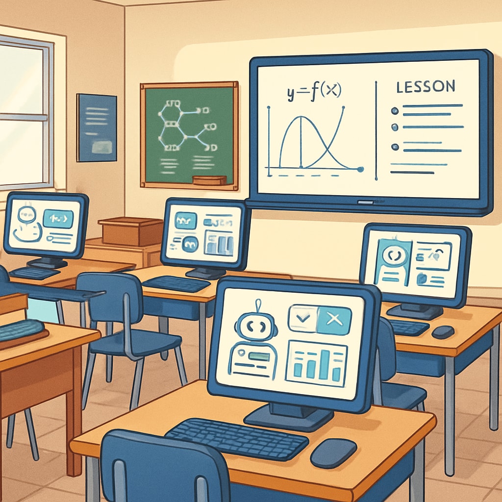 A classroom equipped with AI-powered educational technology, such as adaptive learning software and smart boards. AI reshaping K12 education with personalized learning and smart boards.