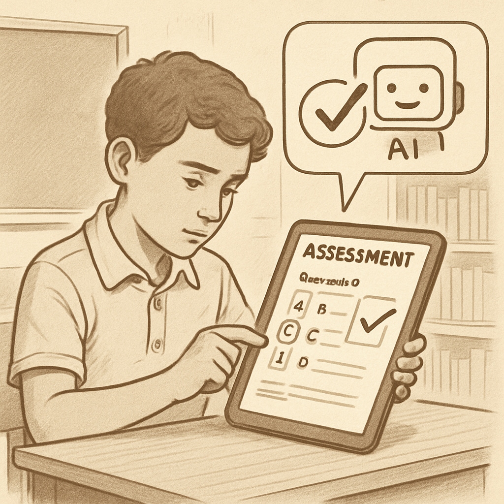 A student receiving instant feedback from an AI-powered assessment system on a tablet. AI in education transforming assessments with real-time feedback for students.