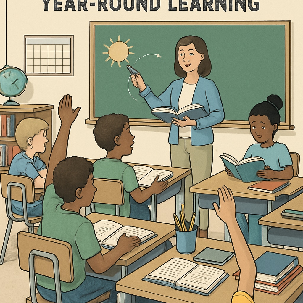 A classroom with students actively engaged in a year-round schooling environment, emphasizing consistent learning. Students learning in a year-round schooling setup to improve knowledge retention.