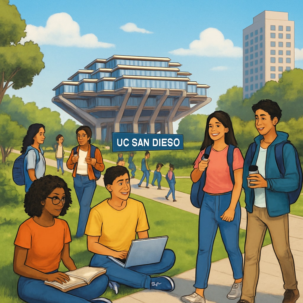 A bustling UC San Diego campus filled with diverse students, representing the university's future expanded enrollment. UC San Diego campus with diverse students reflecting enrollment expansion