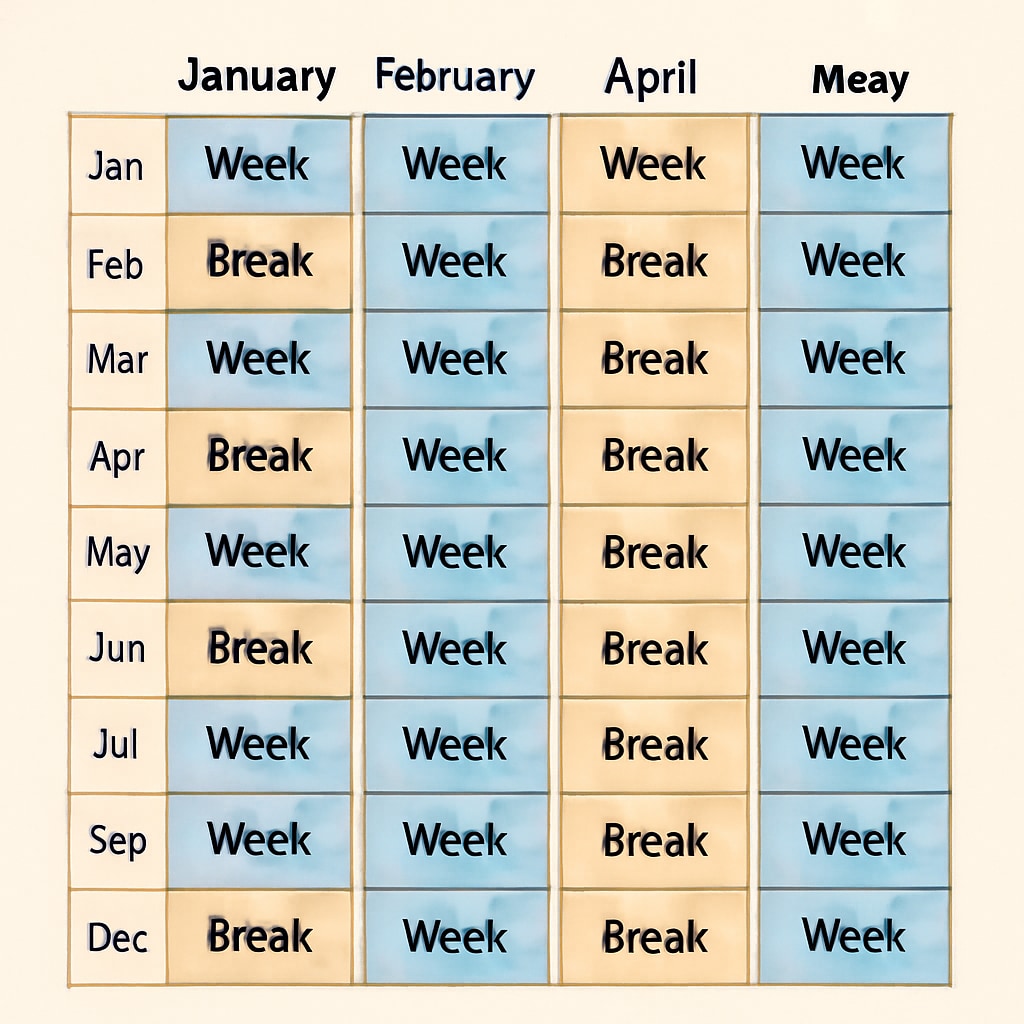 A school calendar with evenly distributed breaks throughout the year, demonstrating the one-week-on, one-week-off model. School calendar illustrating the one-week-on, one-week-off year-round schooling model.