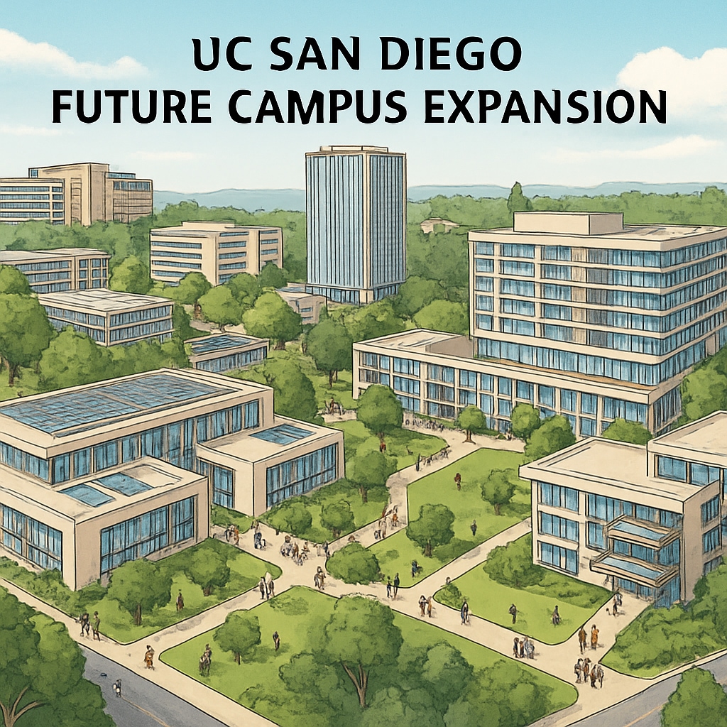 A concept rendering of UC San Diego’s future campus expansion, showcasing new buildings and student facilities. UC San Diego campus expansion rendering with new facilities