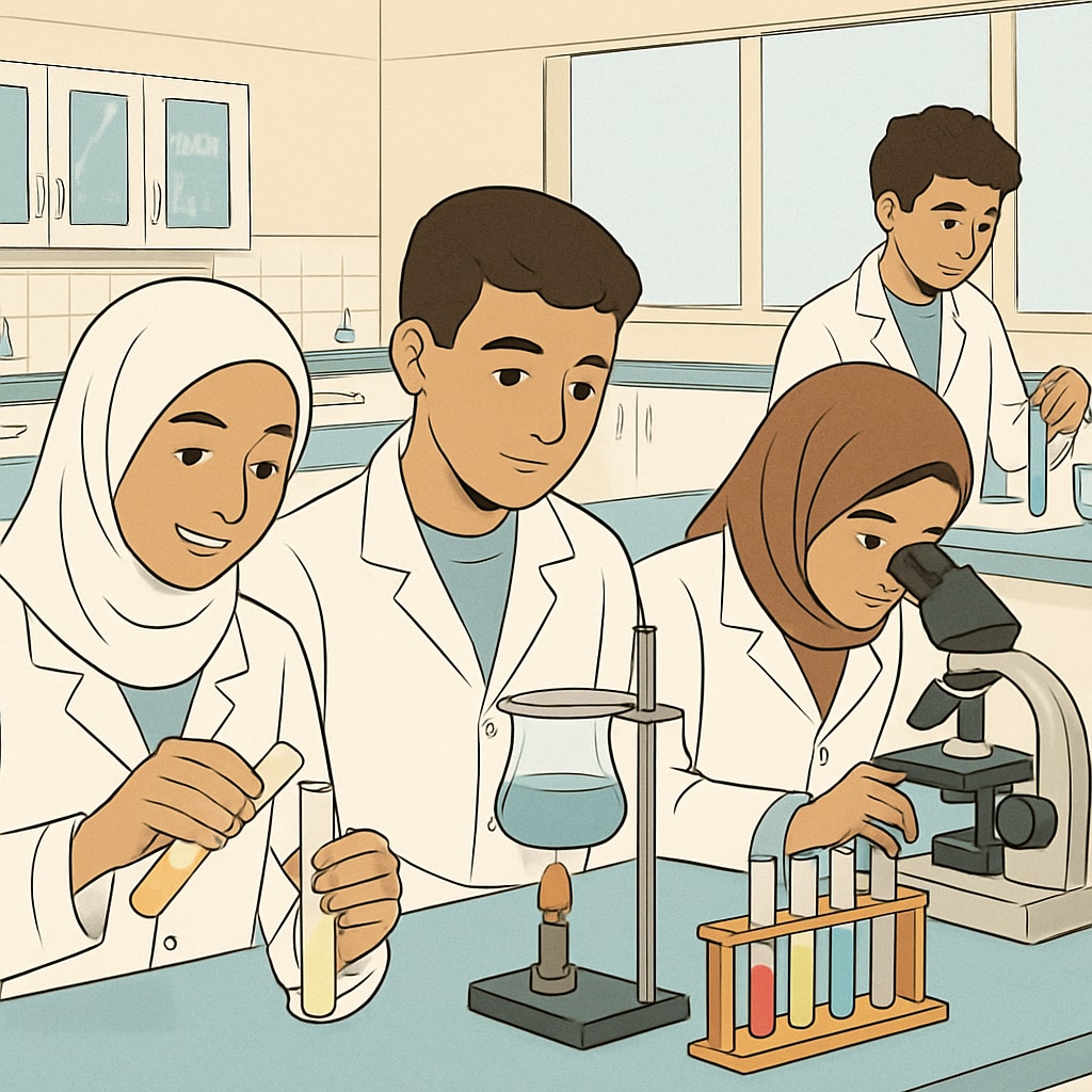 Students in a science lab in Gaza, conducting experiments with basic equipment. Science class in Gaza with students performing experiments using basic tools.