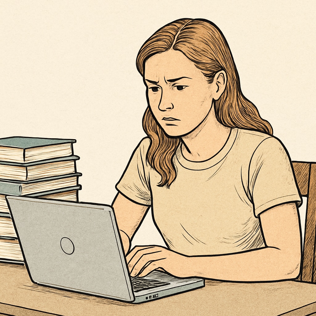 A concerned homeschooling graduate sitting at a desk, looking at a laptop with a stack of books nearby. Homeschool graduate experiencing diploma delays from private school.