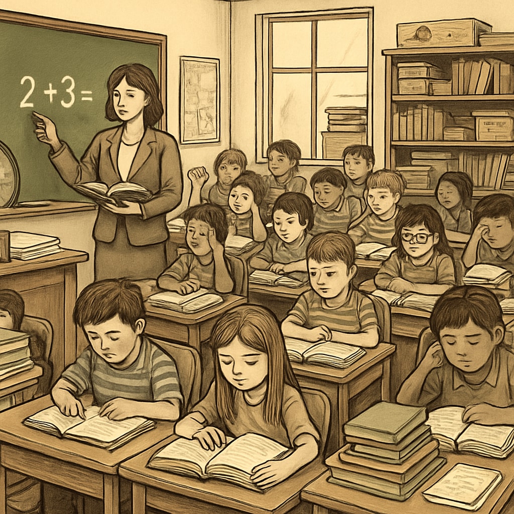 A teacher in a classroom filled with students, showcasing overcrowding and limited resources. Overcrowded classroom highlighting teacher struggles in working conditions.