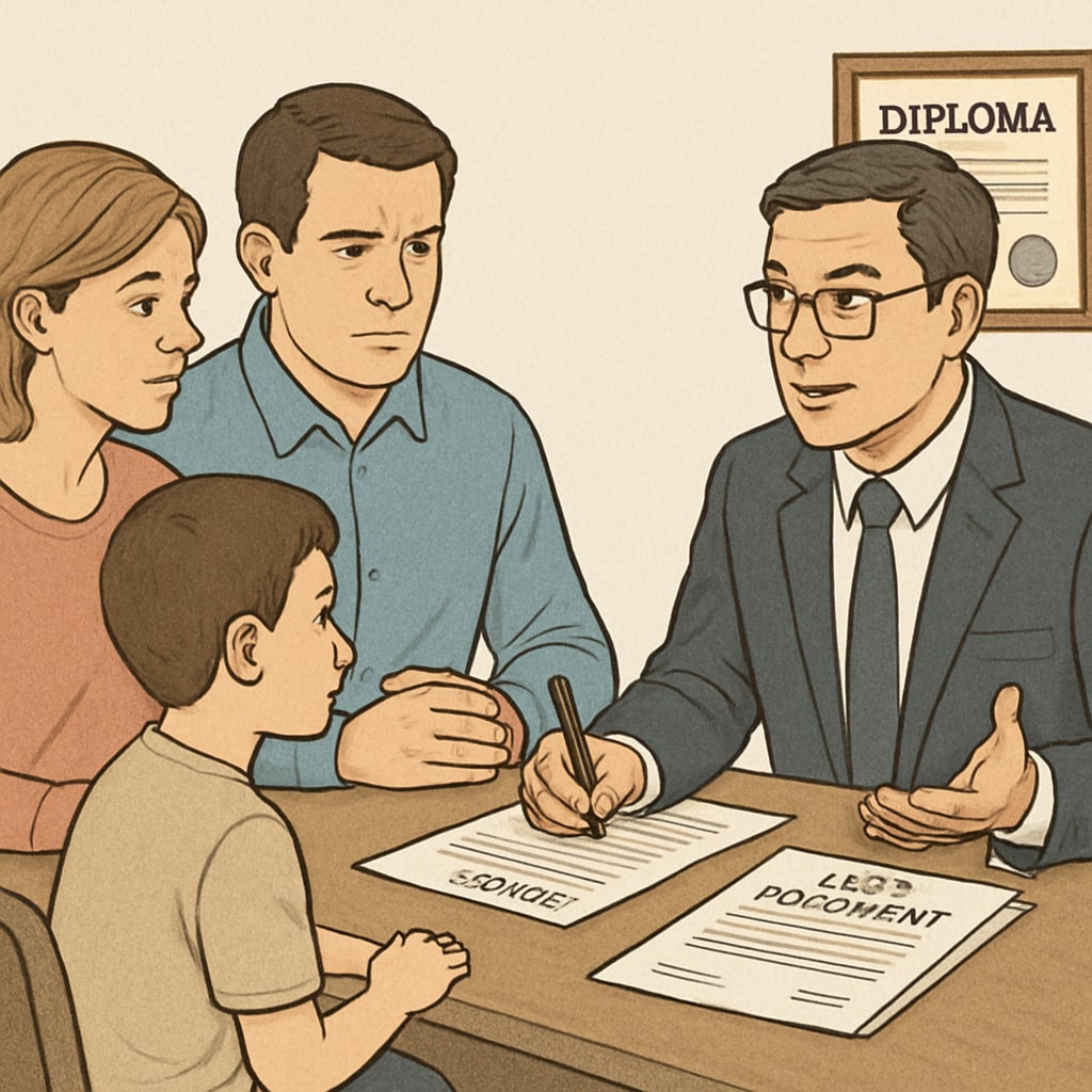 A family consulting with an attorney, with legal documents and a diploma visible on the table. Family seeking legal advice for homeschool diploma issues.