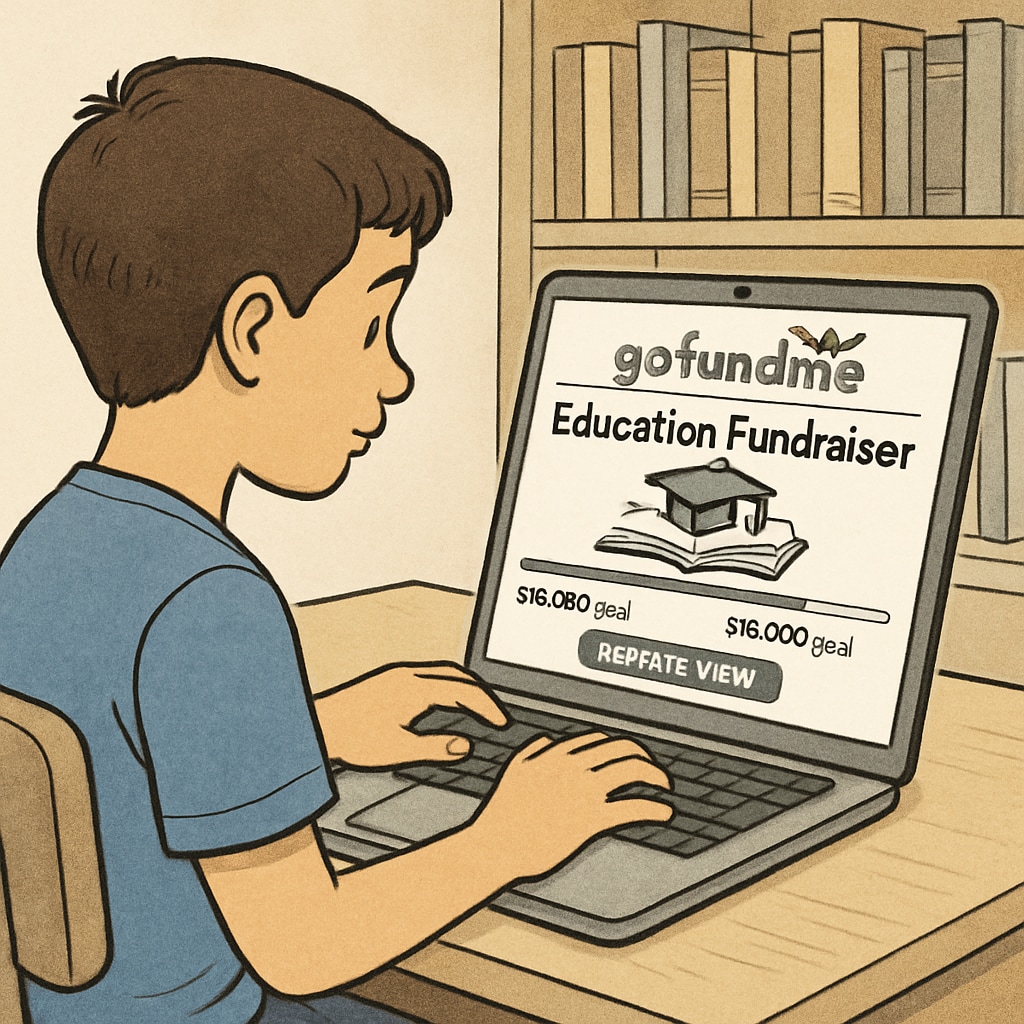 A young student typing on a laptop, with a GoFundMe campaign page open, symbolizing the role of crowdfunding in financing education. Crowdfunding on GoFundMe for tuition struggles and medical school fees.