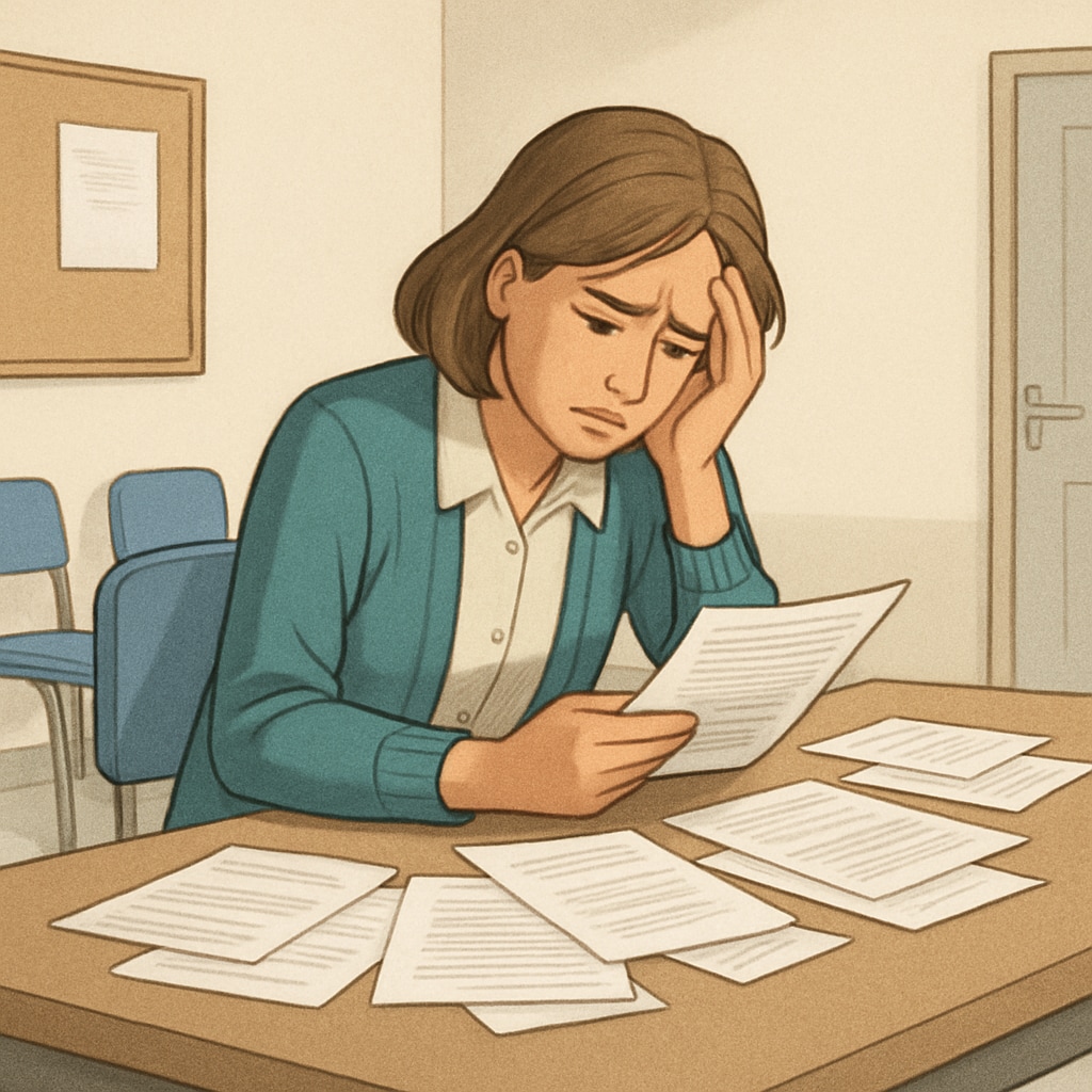 A frustrated teacher reviewing documents in an empty staff room, symbolizing the lack of institutional support. Teacher facing professional challenges due to insufficient rights and support.