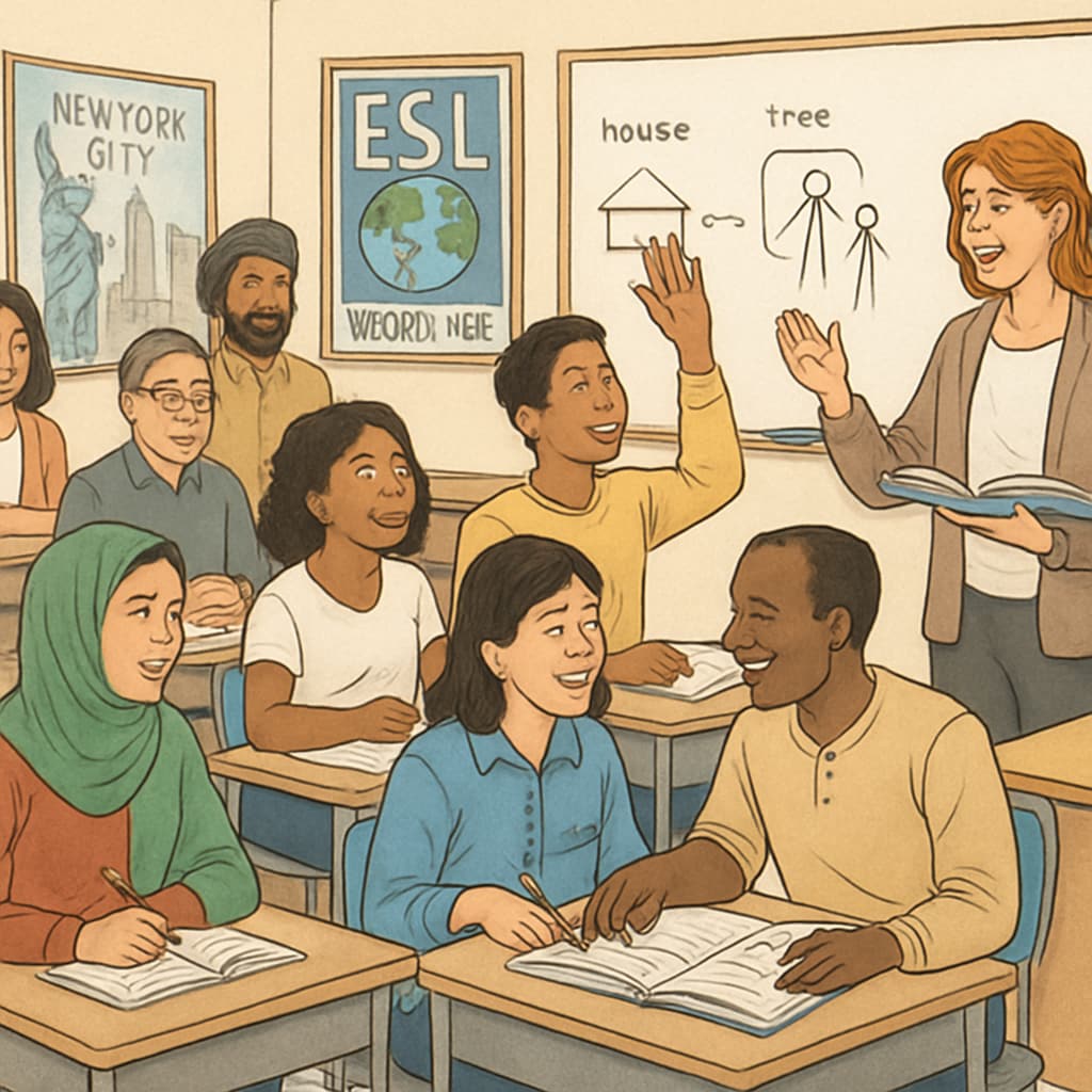 A community college ESL class in New York City, emphasizing adult education and foundational knowledge.
