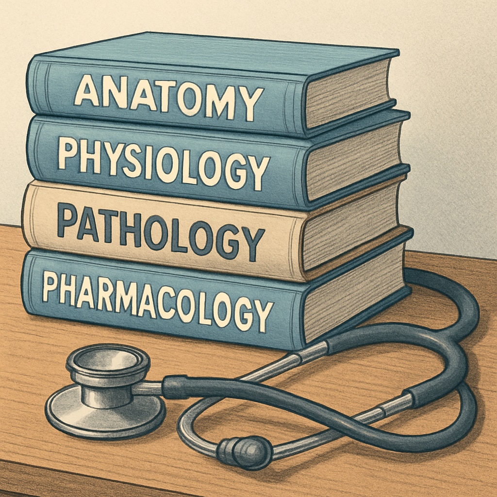 A stack of medical textbooks and stethoscope on a desk, representing the additional financial burden faced by medical students. Financial burden of medical education illustrated with textbooks and stethoscope.