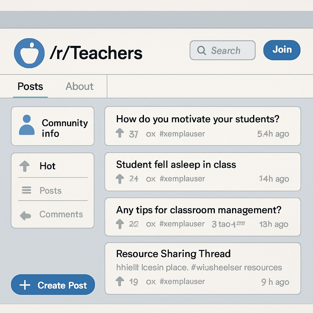 A screenshot of the r/Teachers subreddit homepage showing active discussions and resource sharing. The image highlights the collaborative nature of the forum. Screenshot of Reddit's r/Teachers subreddit homepage for K12 educators.