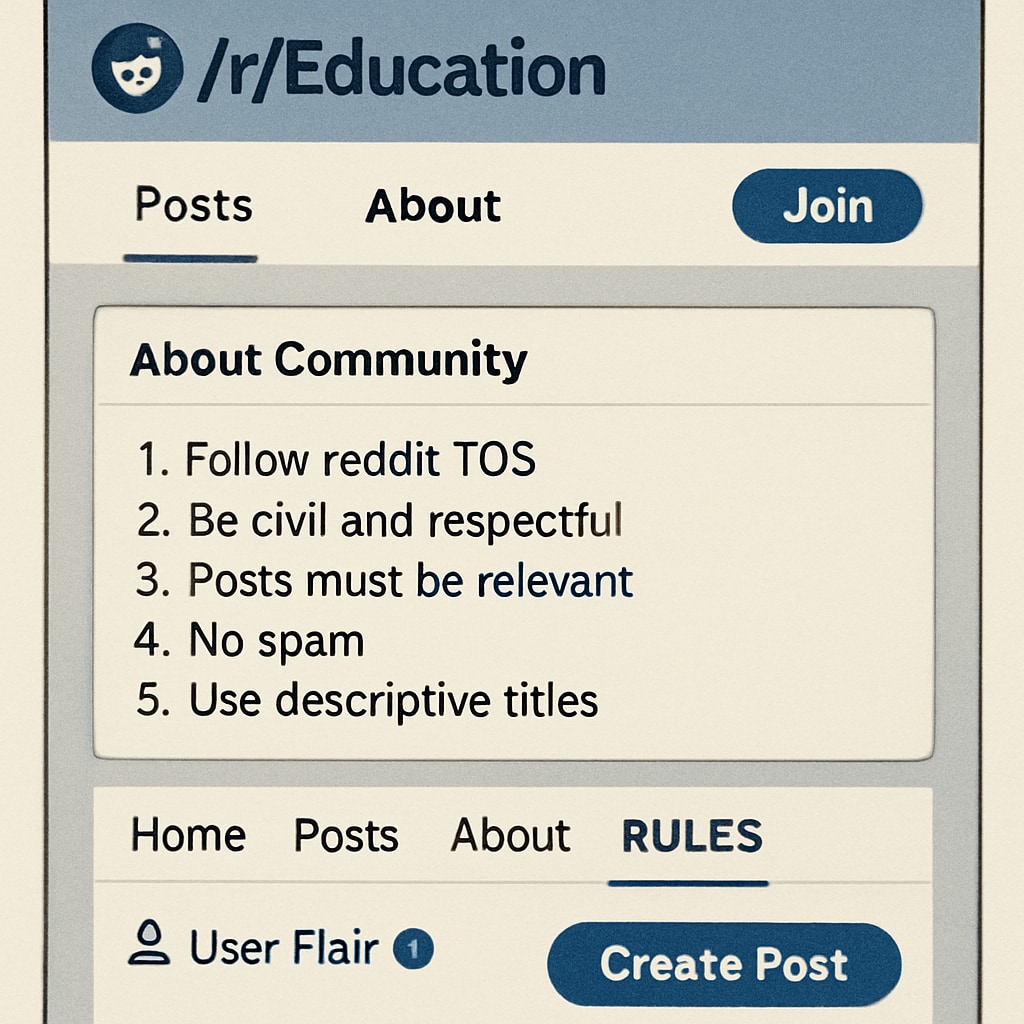 A Reddit screenshot showing the r/Education subreddit homepage with a focus on community rules and navigation. Screenshot of r/Education subreddit homepage highlighting its community rules.
